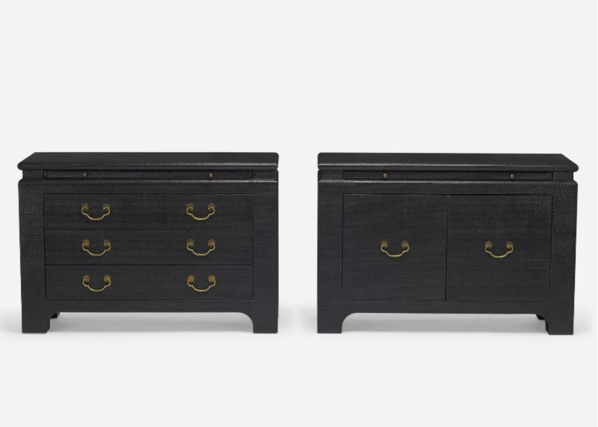 Pair of Mid-Century Modern commodes, nightstands or cabinets. This fine pair of Karl Springer Style cabinets by Harrison Van-Horn in a cloth wrapped black lacquered finish are simply stunning. This is from the East West Collection with one cabinet