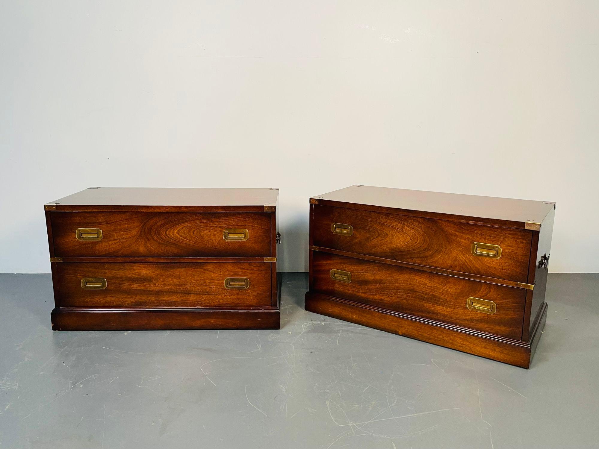American Pair Mid-Century Modern Campaign Low Chests / Nightstands, Flame Mahogany, Baker