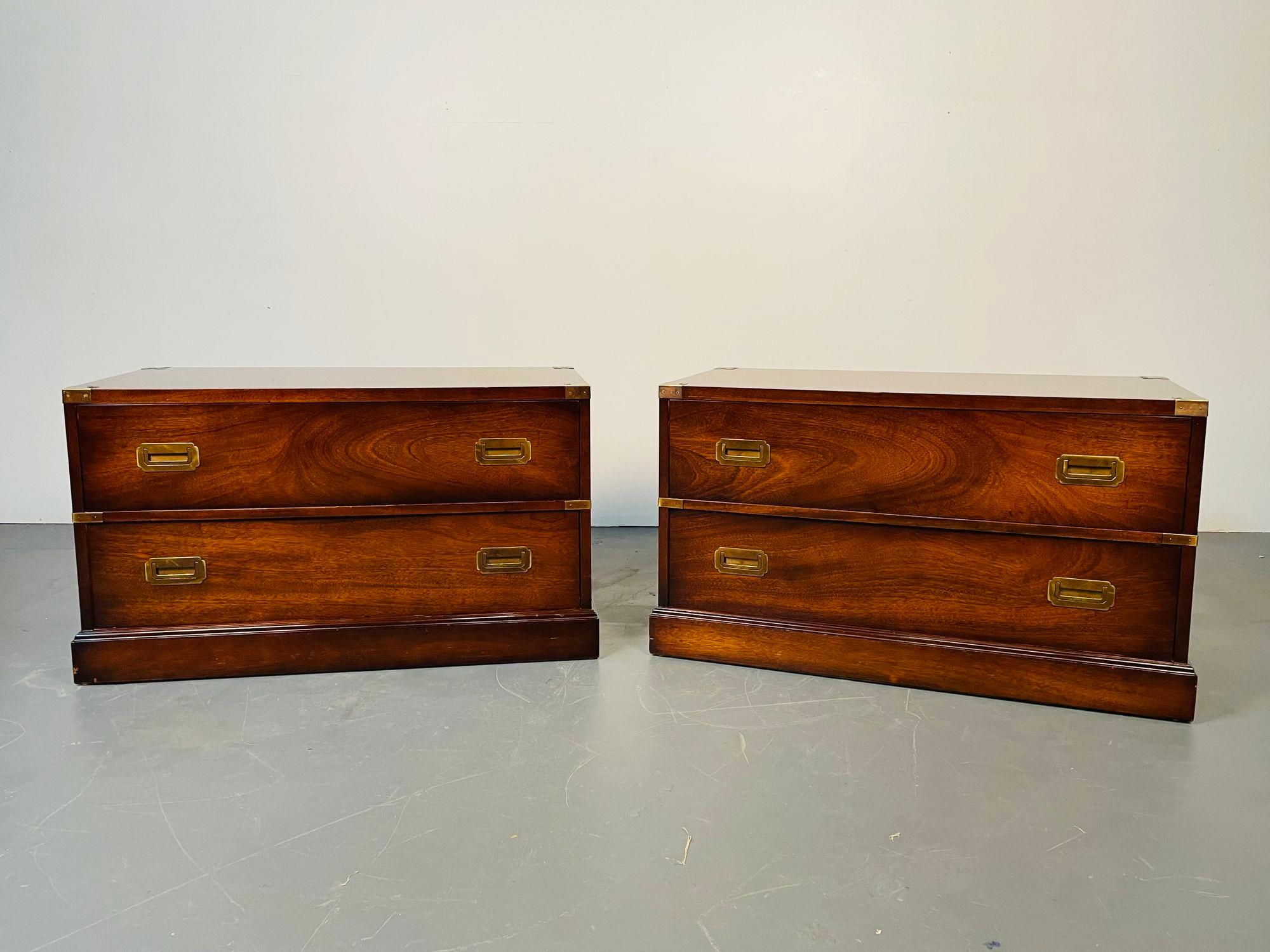 Pair Mid-Century Modern Campaign Low Chests / Nightstands, Flame Mahogany, Baker In Good Condition In Stamford, CT