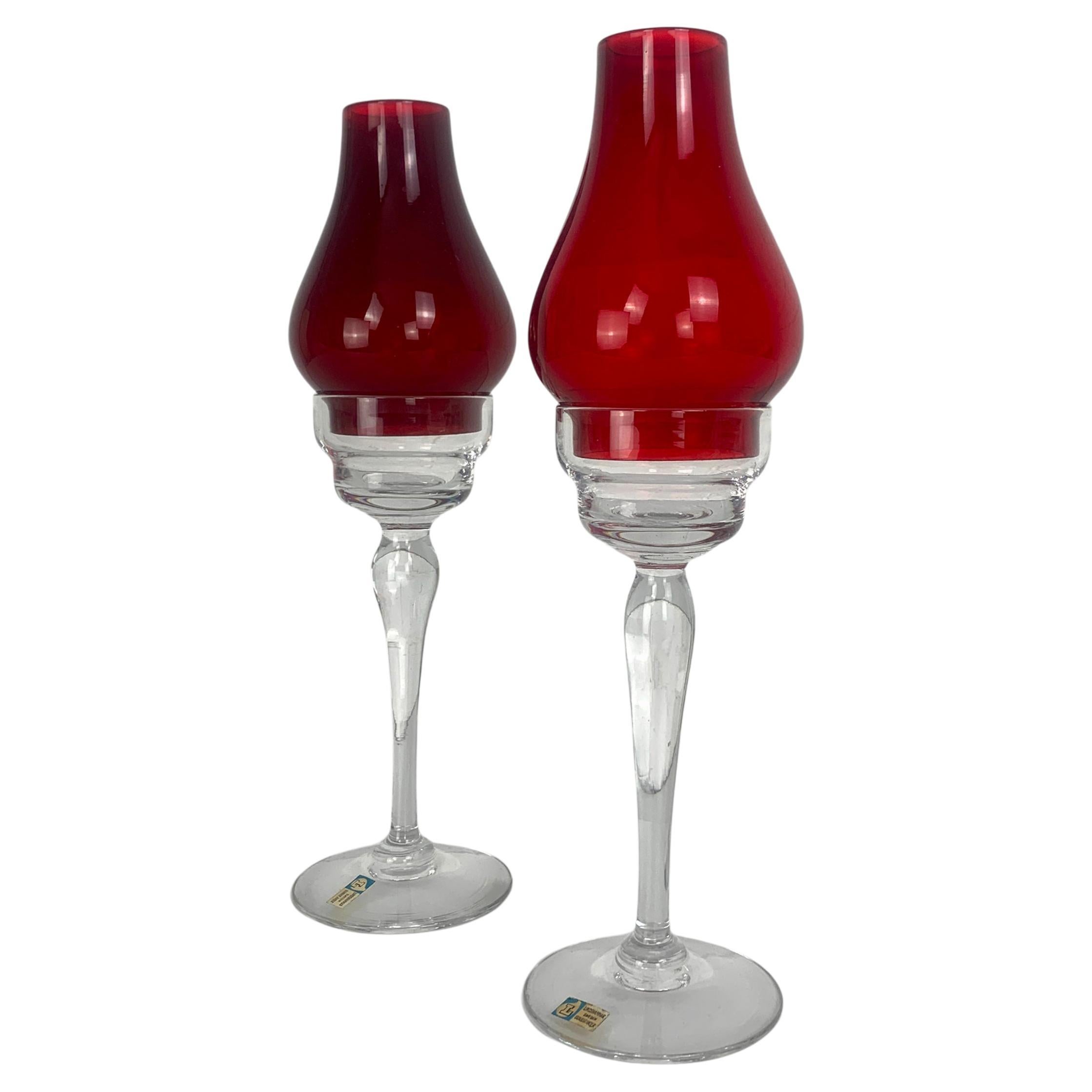 Pair Mid-Century Modern Candle Lamps in Red Glass, Lindshammar, Sweden 1950-60s For Sale