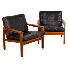 Pair, Mid-Century Modern "Capella" Black Leather Arm Chairs by Illum Wikkelsoe,