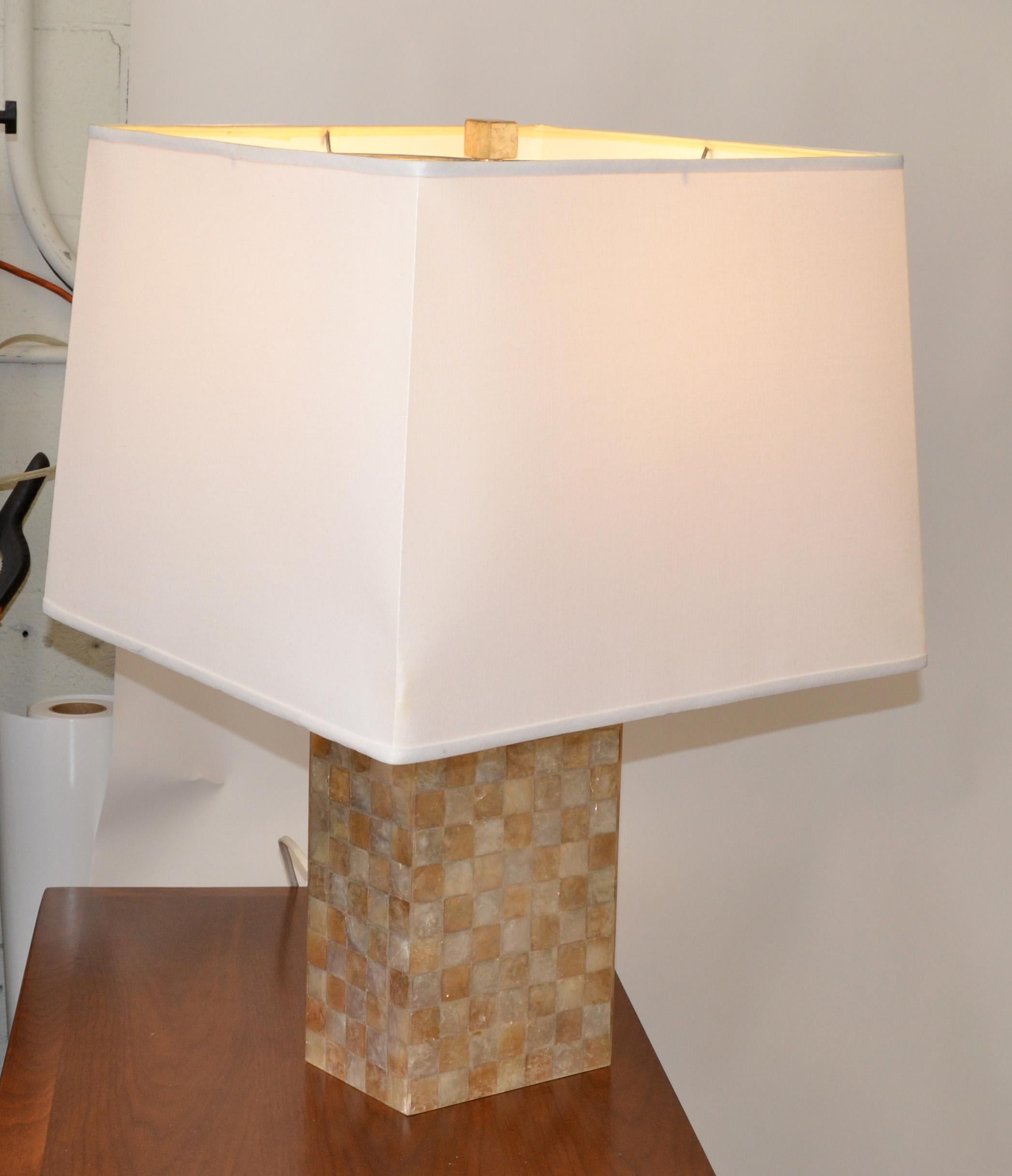 Pair, Mid-Century Modern Capiz Shell Over Wood Square Table Lamps For Sale 7