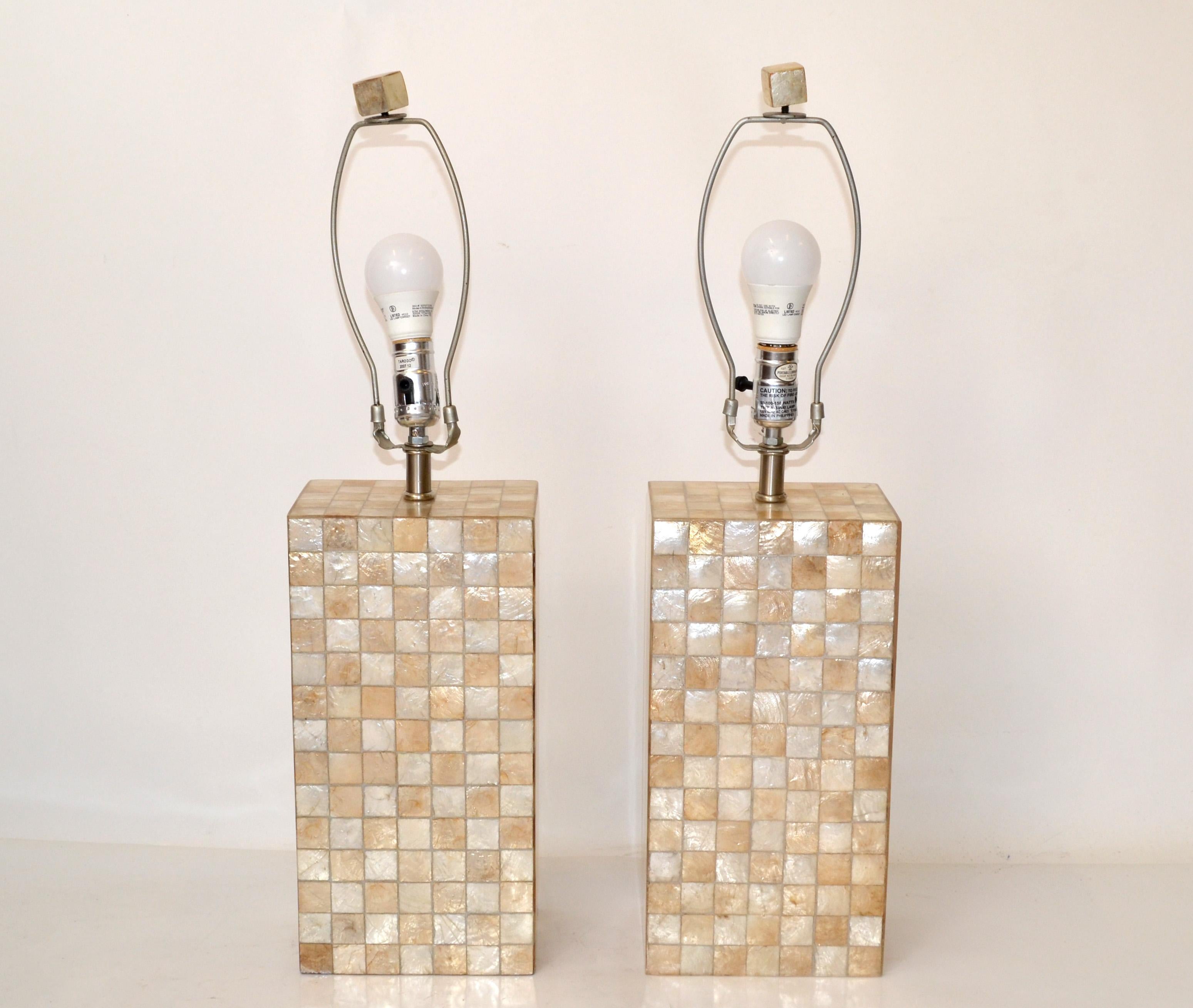 Pair, Mid-Century Modern Capiz Shell Over Wood Square Table Lamps For Sale 8