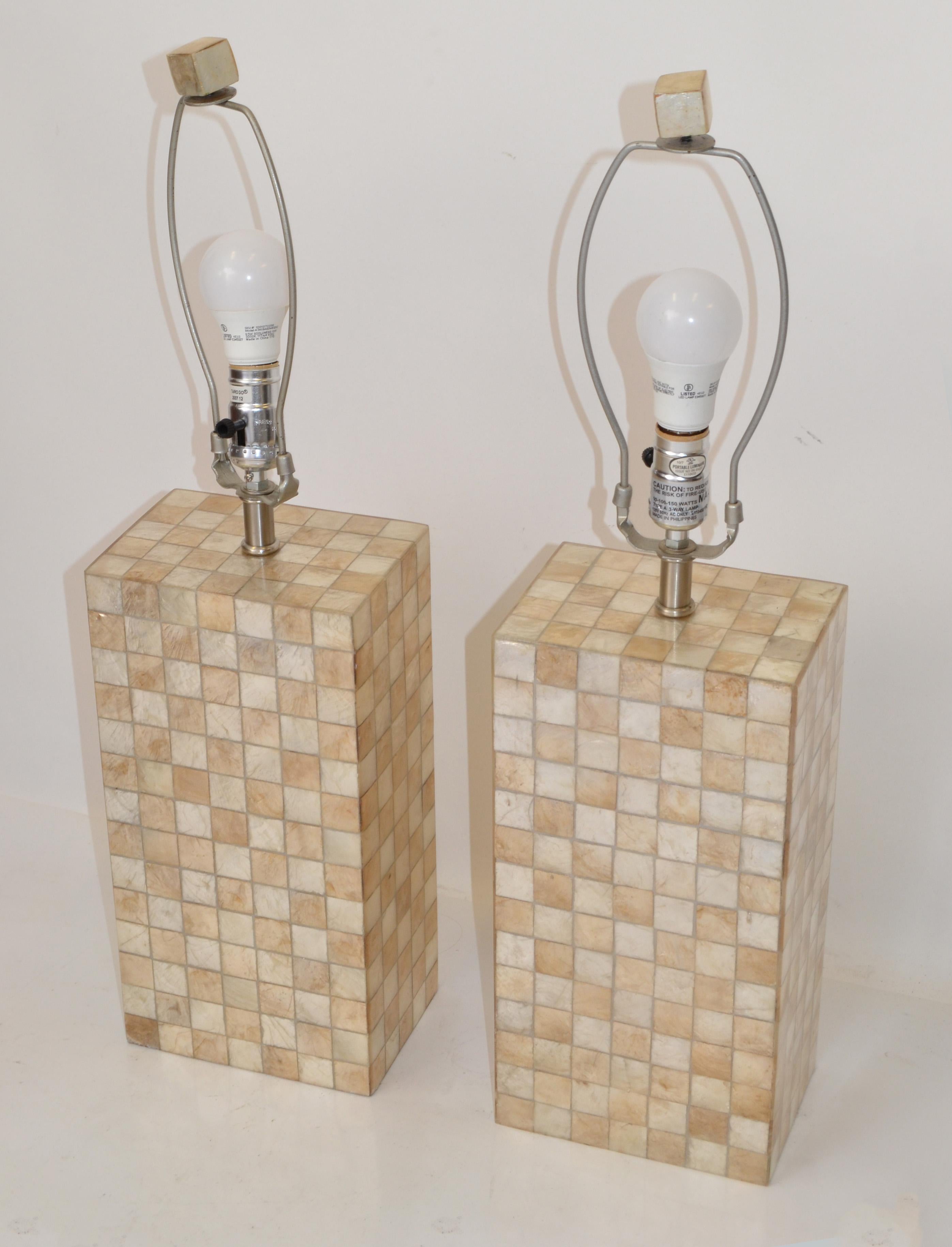 Hollywood Regency Pair, Mid-Century Modern Capiz Shell Over Wood Square Table Lamps For Sale