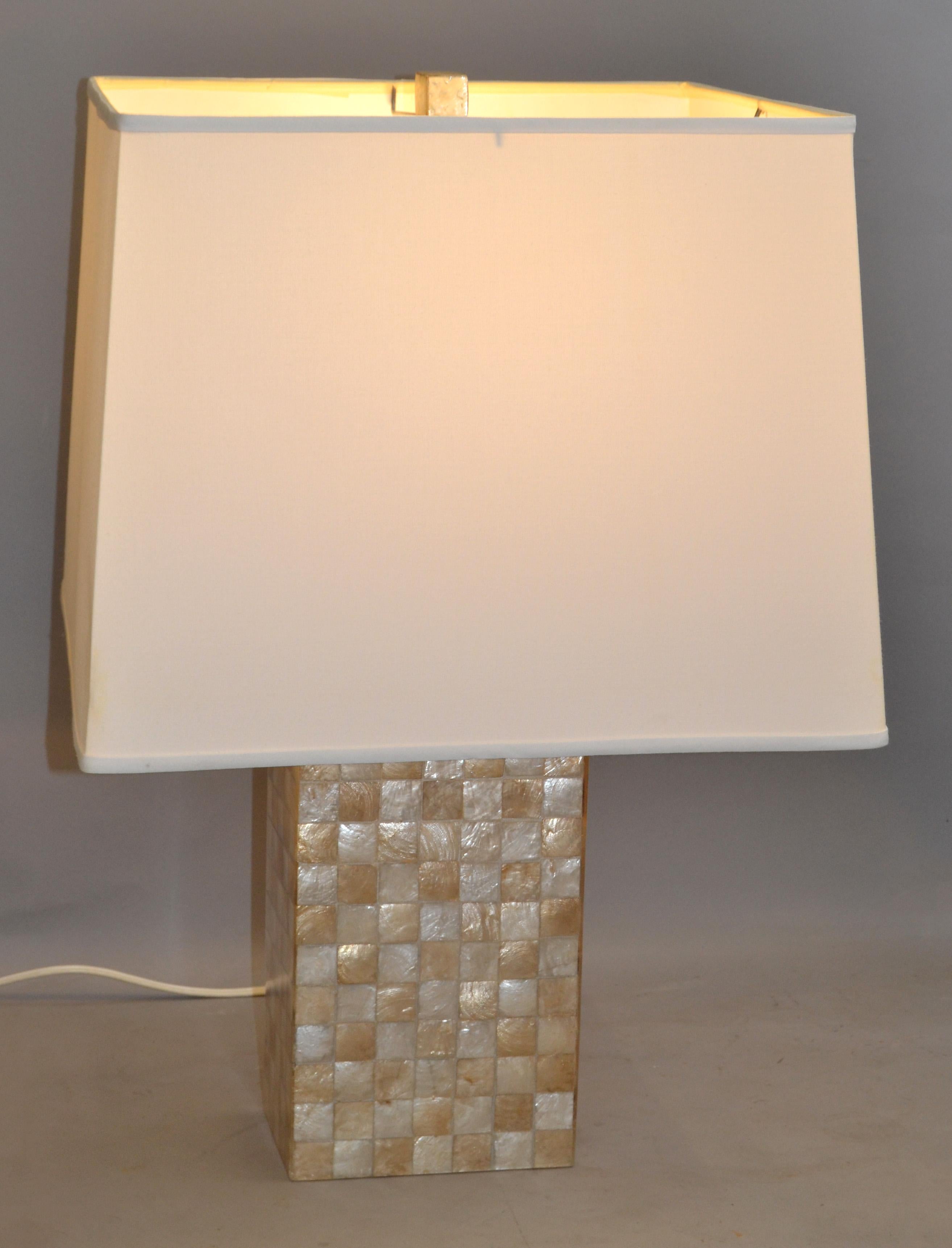 Hand-Crafted Pair, Mid-Century Modern Capiz Shell Over Wood Square Table Lamps For Sale