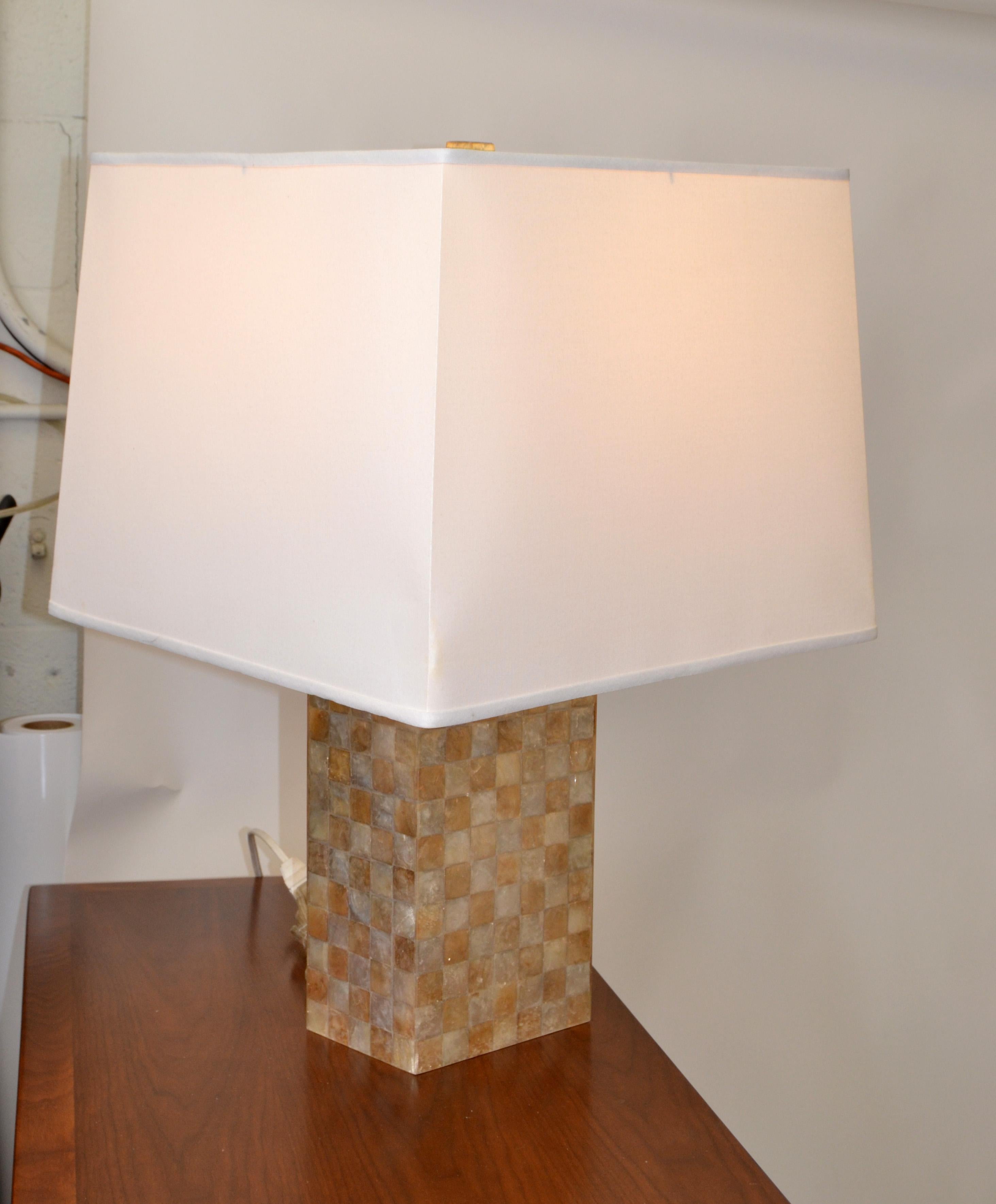 Pair, Mid-Century Modern Capiz Shell Over Wood Square Table Lamps In Good Condition For Sale In Miami, FL