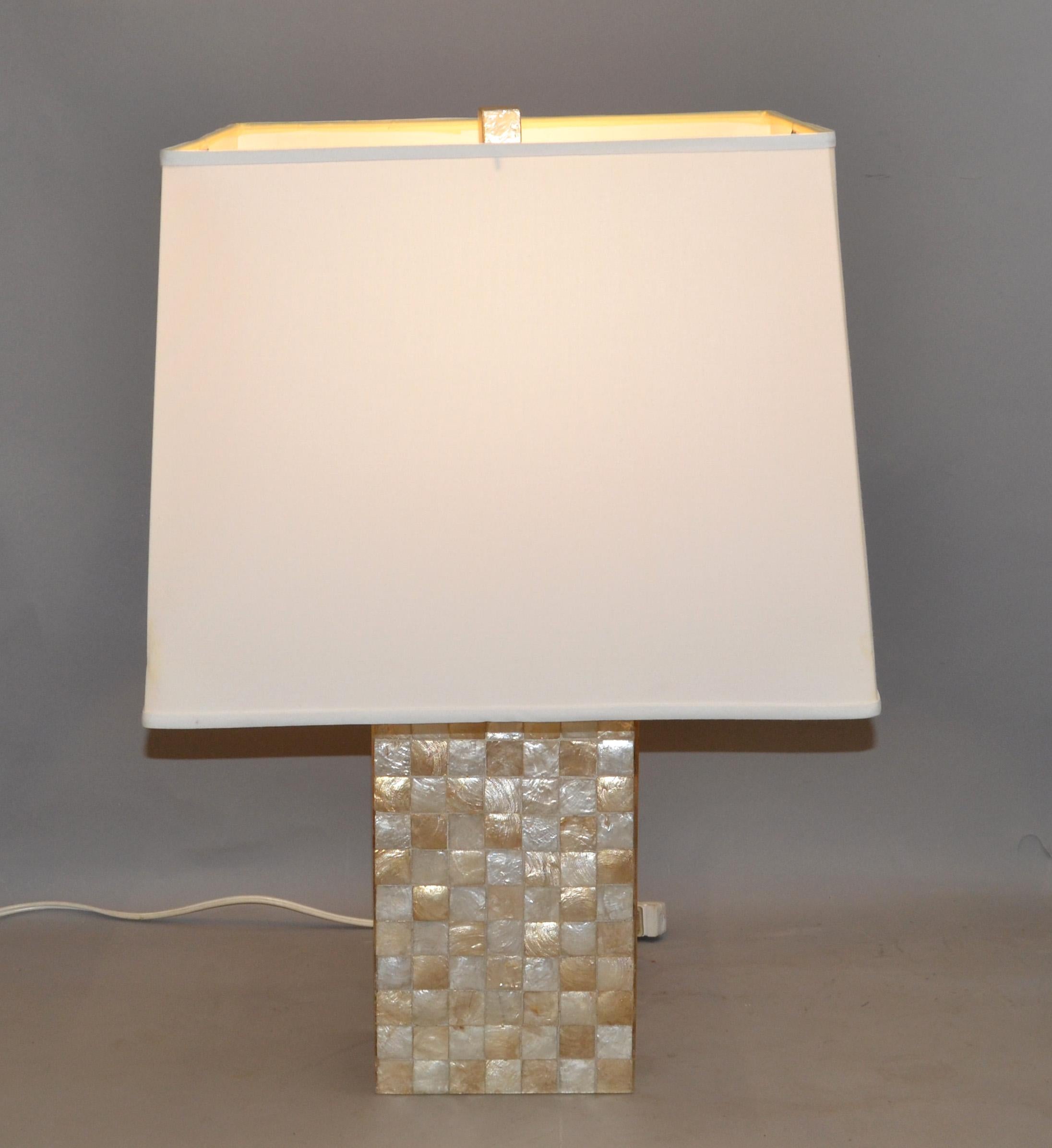 Contemporary Pair, Mid-Century Modern Capiz Shell Over Wood Square Table Lamps For Sale