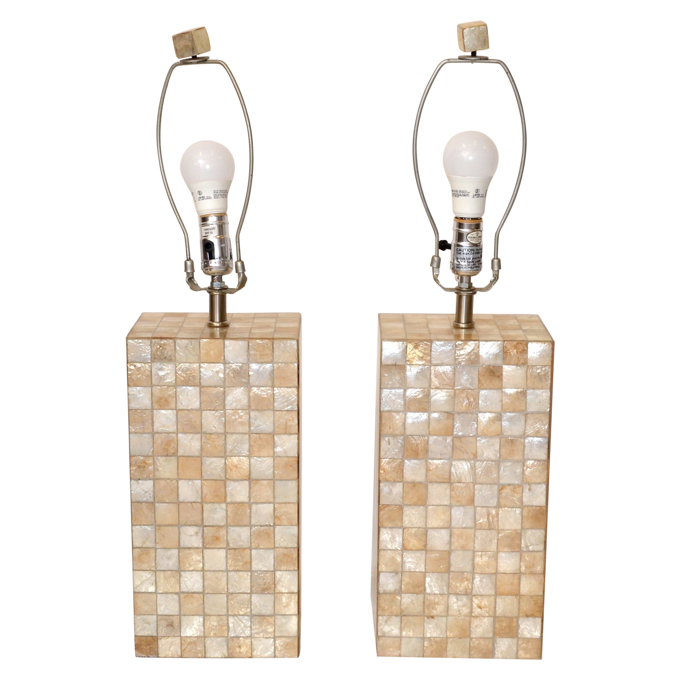 Pair, Mid-Century Modern Capiz Shell Over Wood Square Table Lamps