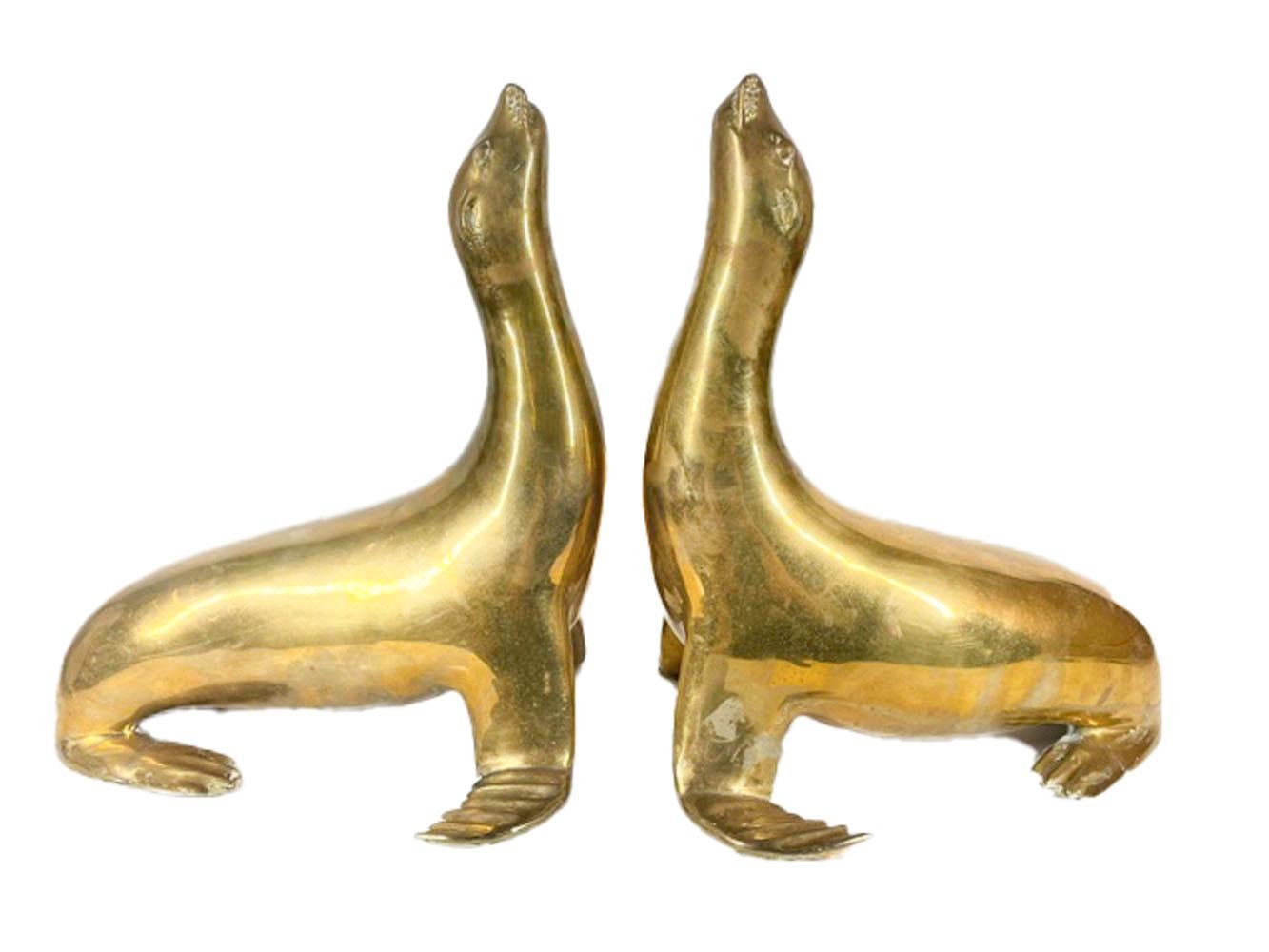 Pair Mid-Century Modern Cast Brass Figures of Seals with Noses Pointed Up In Good Condition For Sale In Nantucket, MA