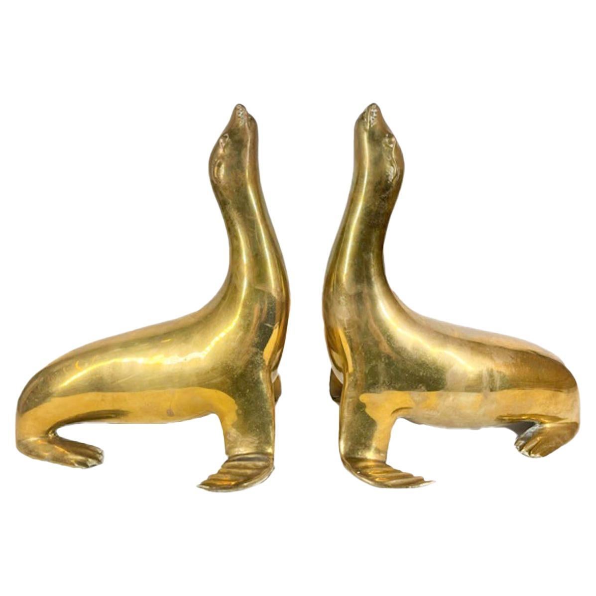 Pair Mid-Century Modern Cast Brass Figures of Seals with Noses Pointed Up For Sale