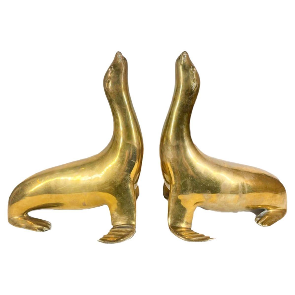 Pair Mid-Century Modern Cast Brass Figures of Seals with Noses Pointed Up