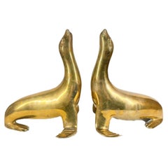Pair Mid-Century Modern Cast Brass Figures of Seals with Noses Pointed Up