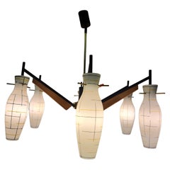 Pair Mid-Century Modern Chandeliers Style of Stilnovo 6 Lights Glass Teak C1958
