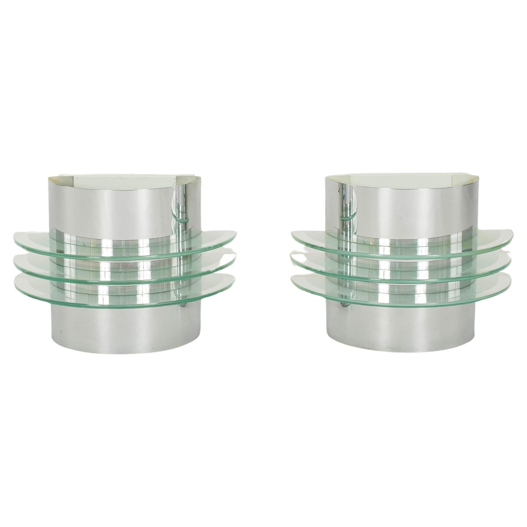 Pair Mid Century Modern Chrome and Glass Sconces