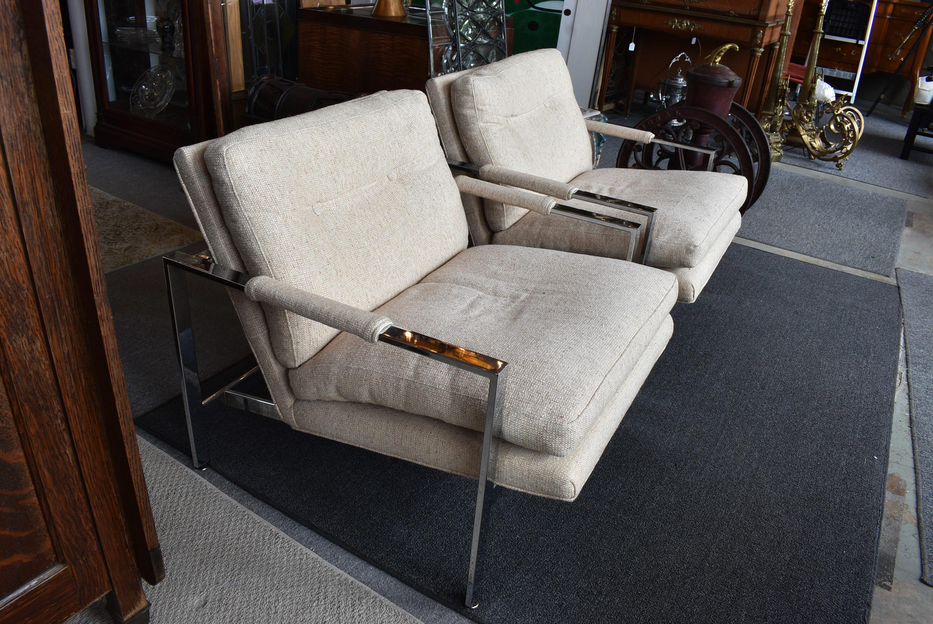 Unknown Pair Mid-Century Modern Chrome & Fabric Side Chairs Style of Milo Baughman For Sale