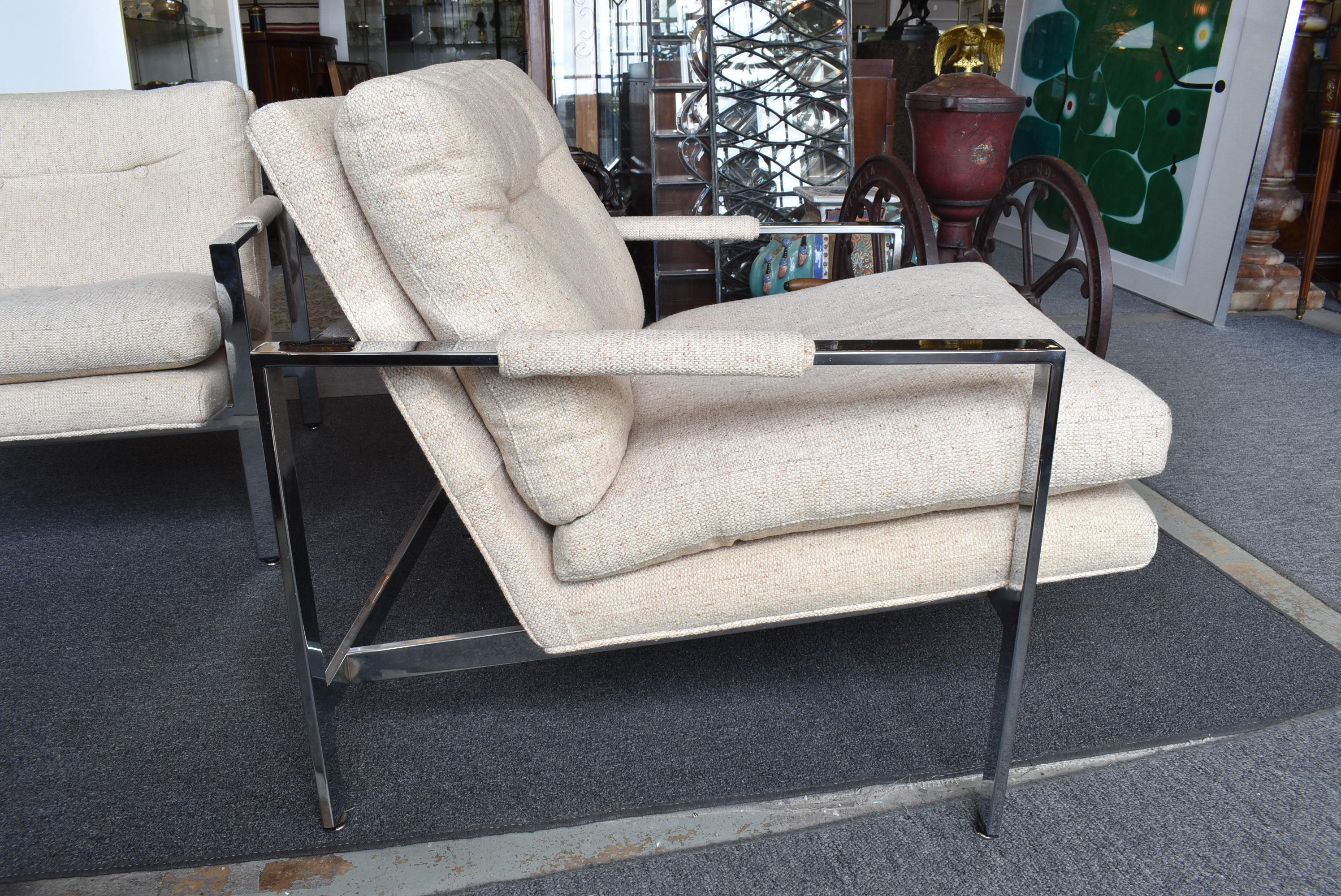 20th Century Pair Mid-Century Modern Chrome & Fabric Side Chairs Style of Milo Baughman For Sale