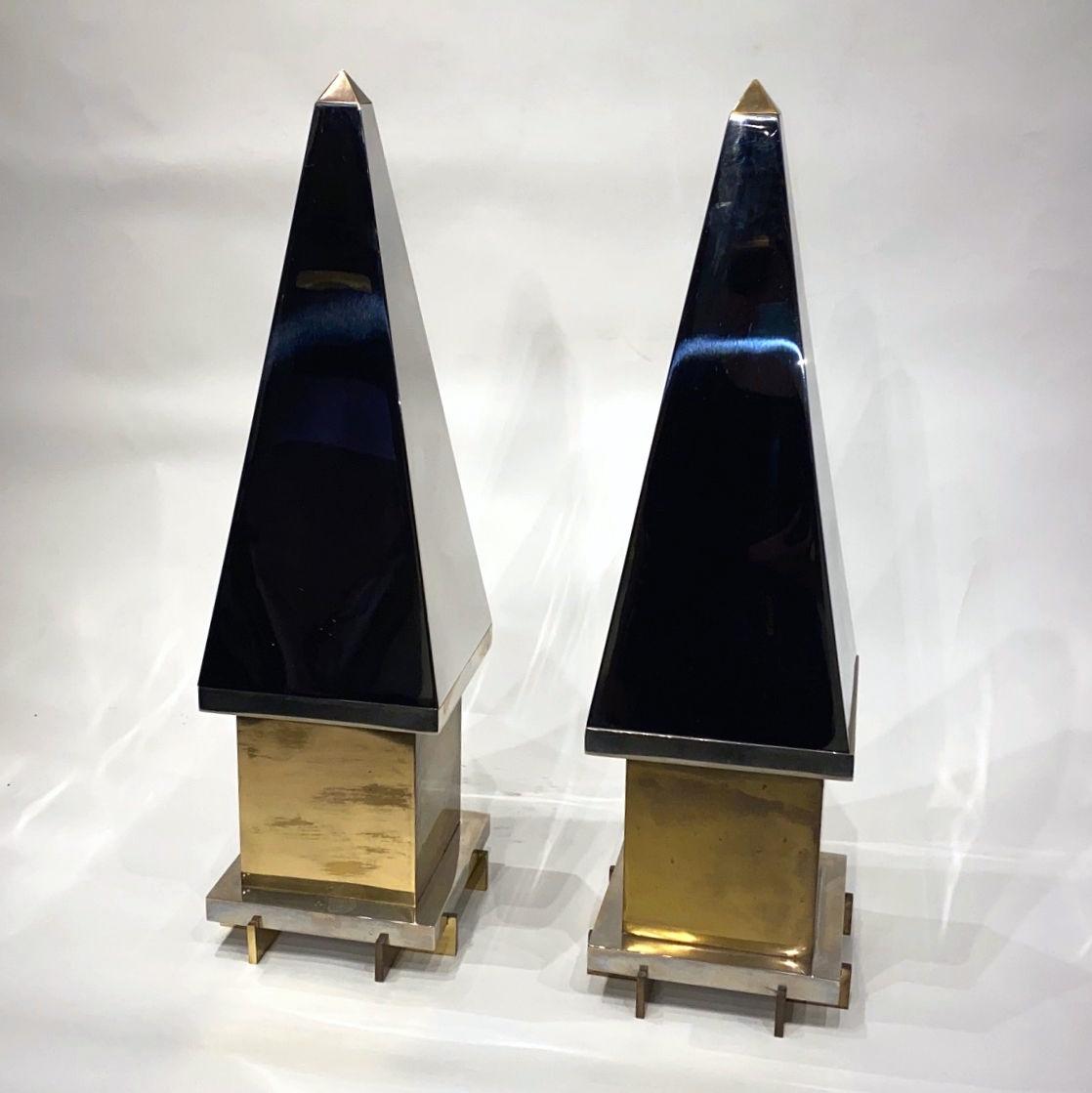 Pair of finest quality Mid-Century Modern chrome-plated bronze obelisks attributed to Maison Jansen.
 