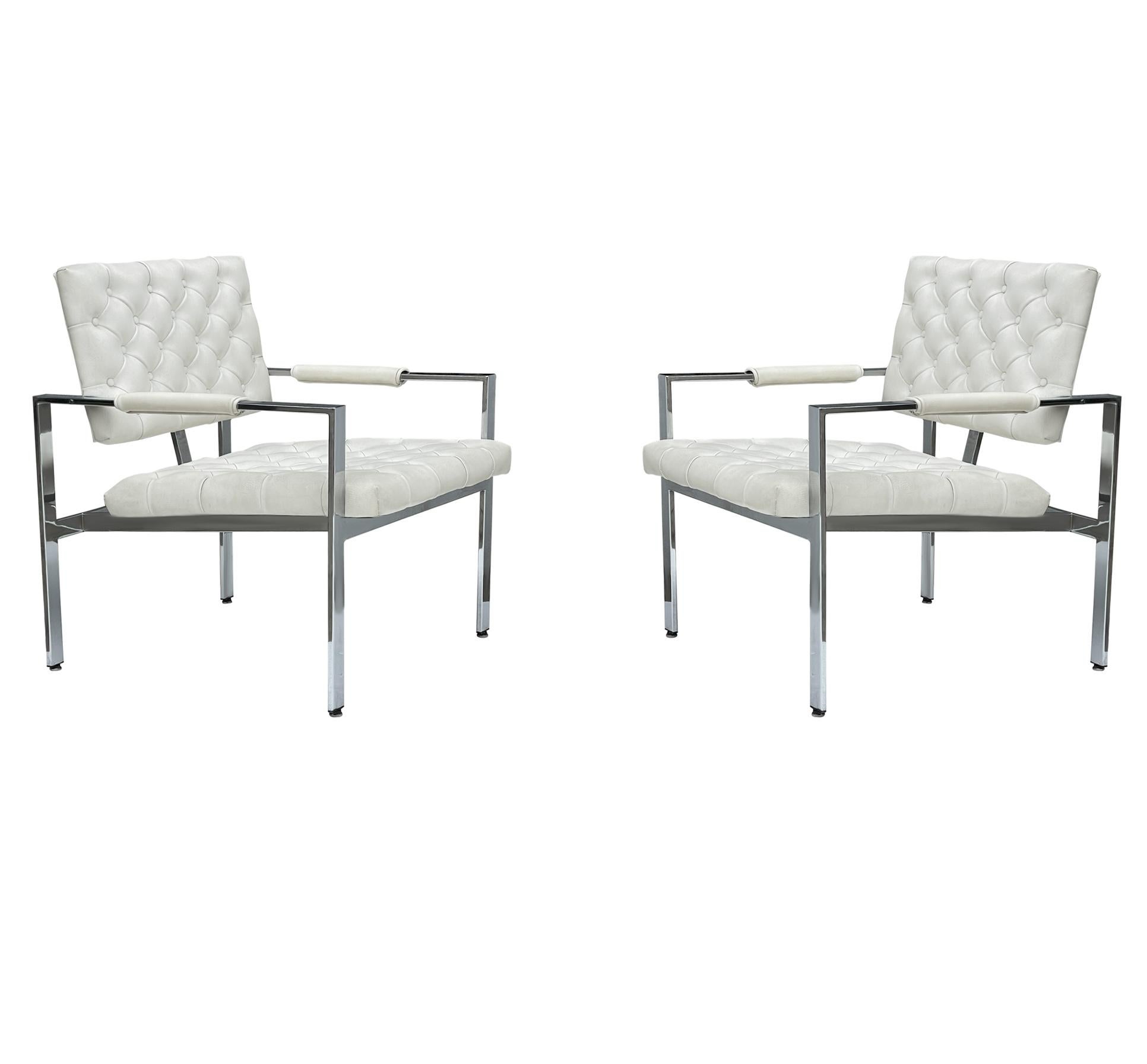 Pair Mid-Century Modern Chrome & White Tufted Lounge Chairs After Harvey Probber For Sale 4
