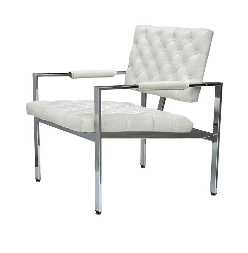 Pair Mid-Century Modern Chrome & White Tufted Lounge Chairs After Harvey Probber For Sale 5