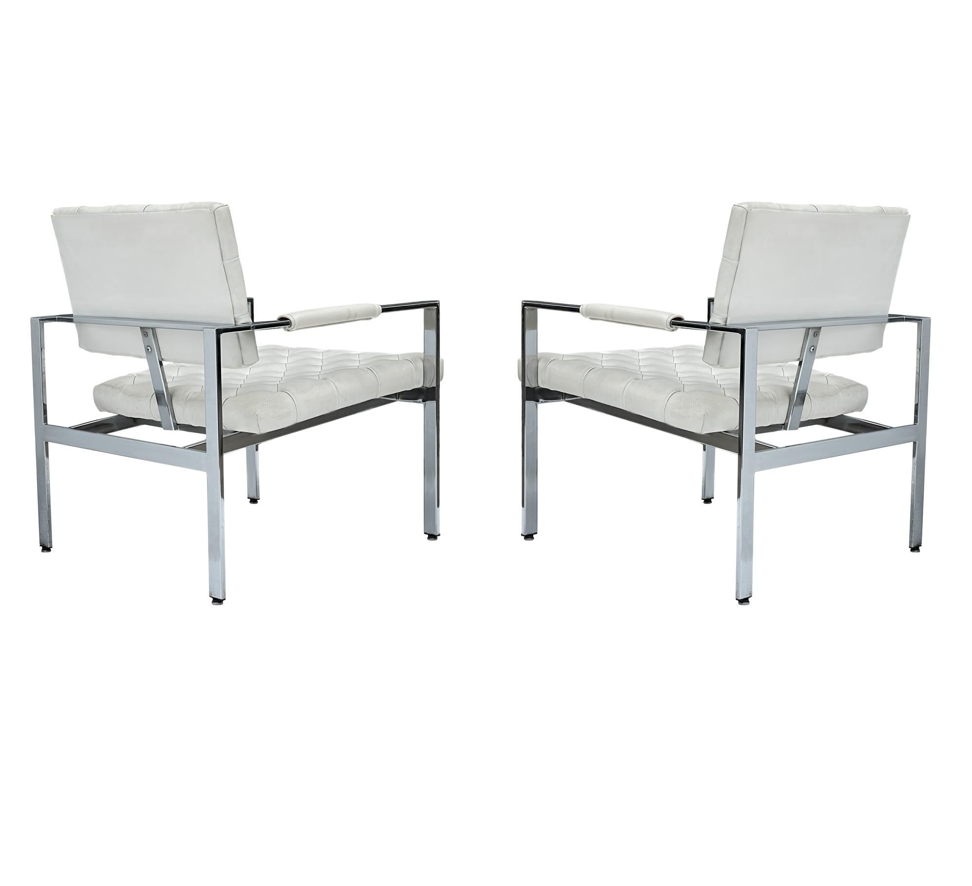 Pair Mid-Century Modern Chrome & White Tufted Lounge Chairs After Harvey Probber For Sale 7
