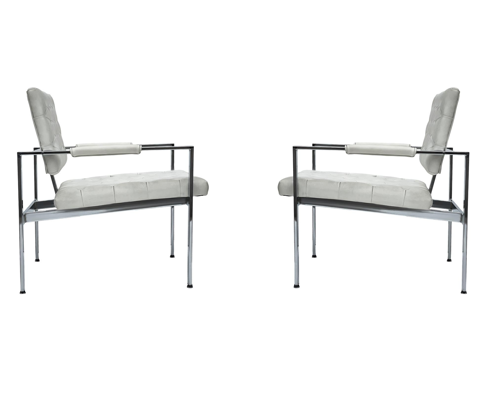 American Pair Mid-Century Modern Chrome & White Tufted Lounge Chairs After Harvey Probber For Sale