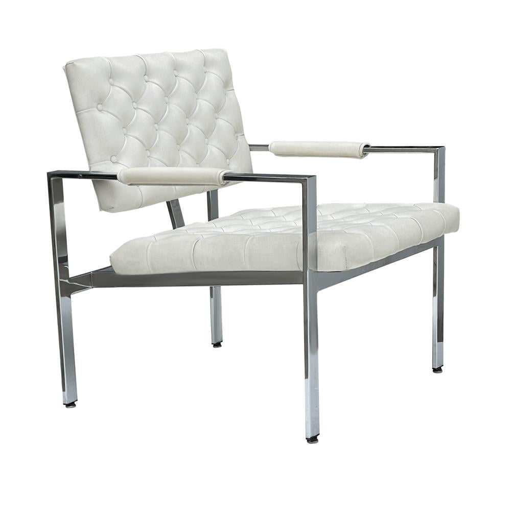 Pair Mid-Century Modern Chrome & White Tufted Lounge Chairs After Harvey Probber In Good Condition For Sale In Philadelphia, PA