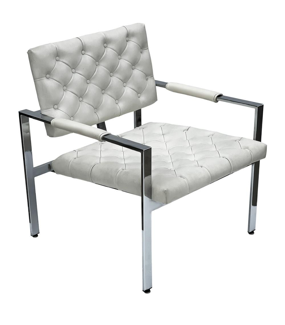 Pair Mid-Century Modern Chrome & White Tufted Lounge Chairs After Harvey Probber For Sale 1