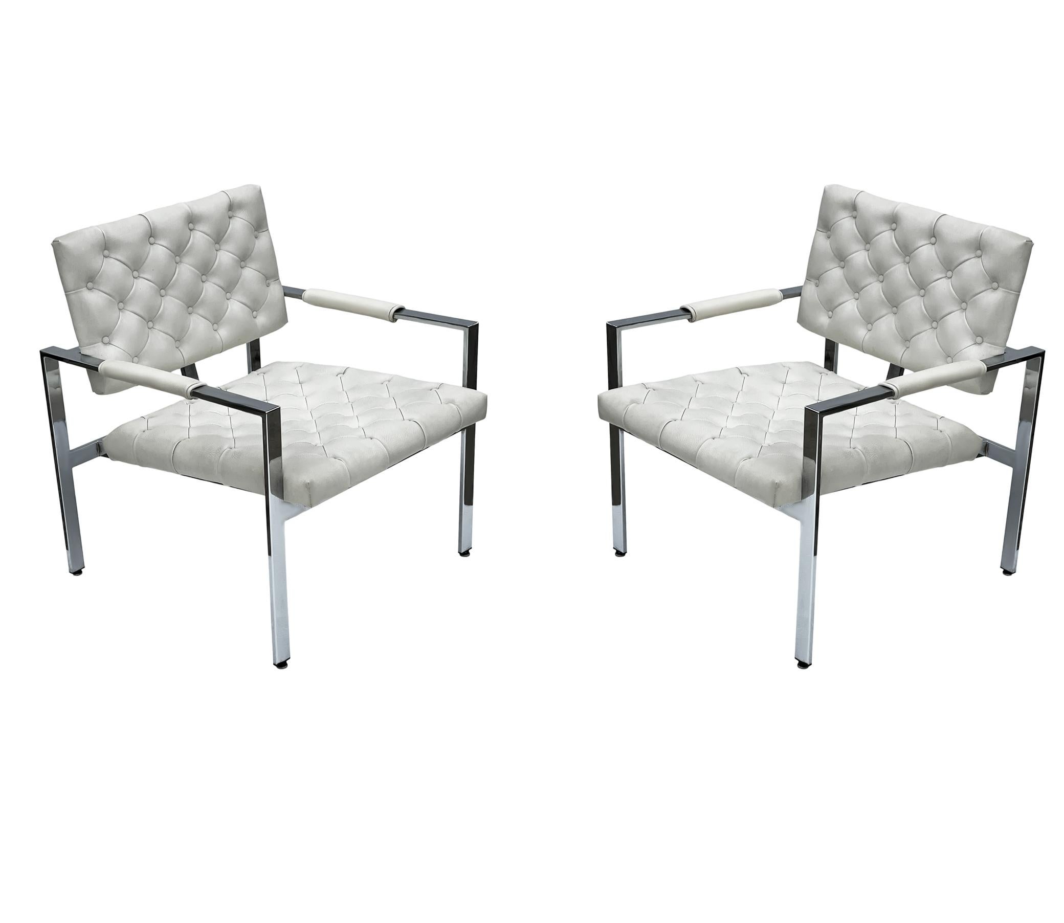 Pair Mid-Century Modern Chrome & White Tufted Lounge Chairs After Harvey Probber For Sale 2