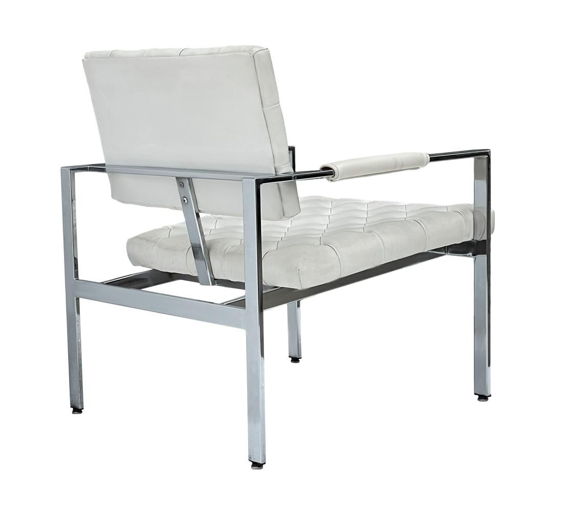 Pair Mid-Century Modern Chrome & White Tufted Lounge Chairs After Harvey Probber For Sale 3