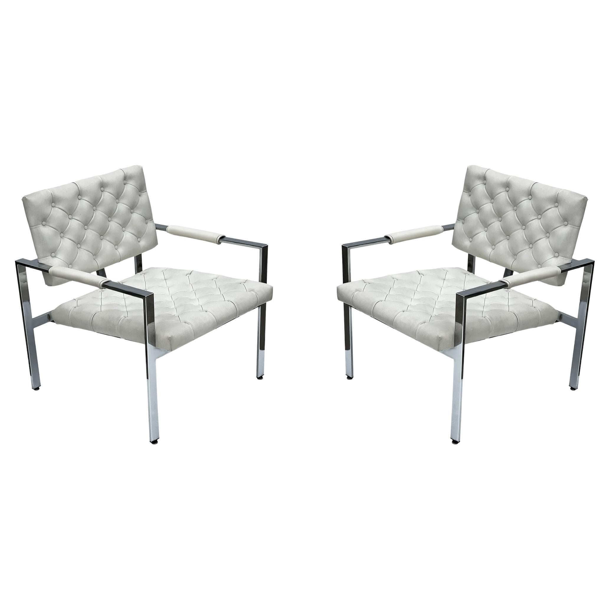 Pair Mid-Century Modern Chrome & White Tufted Lounge Chairs After Harvey Probber For Sale