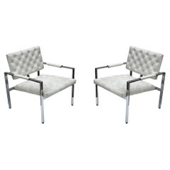 Pair Mid-Century Modern Chrome & White Tufted Lounge Chairs After Harvey Probber