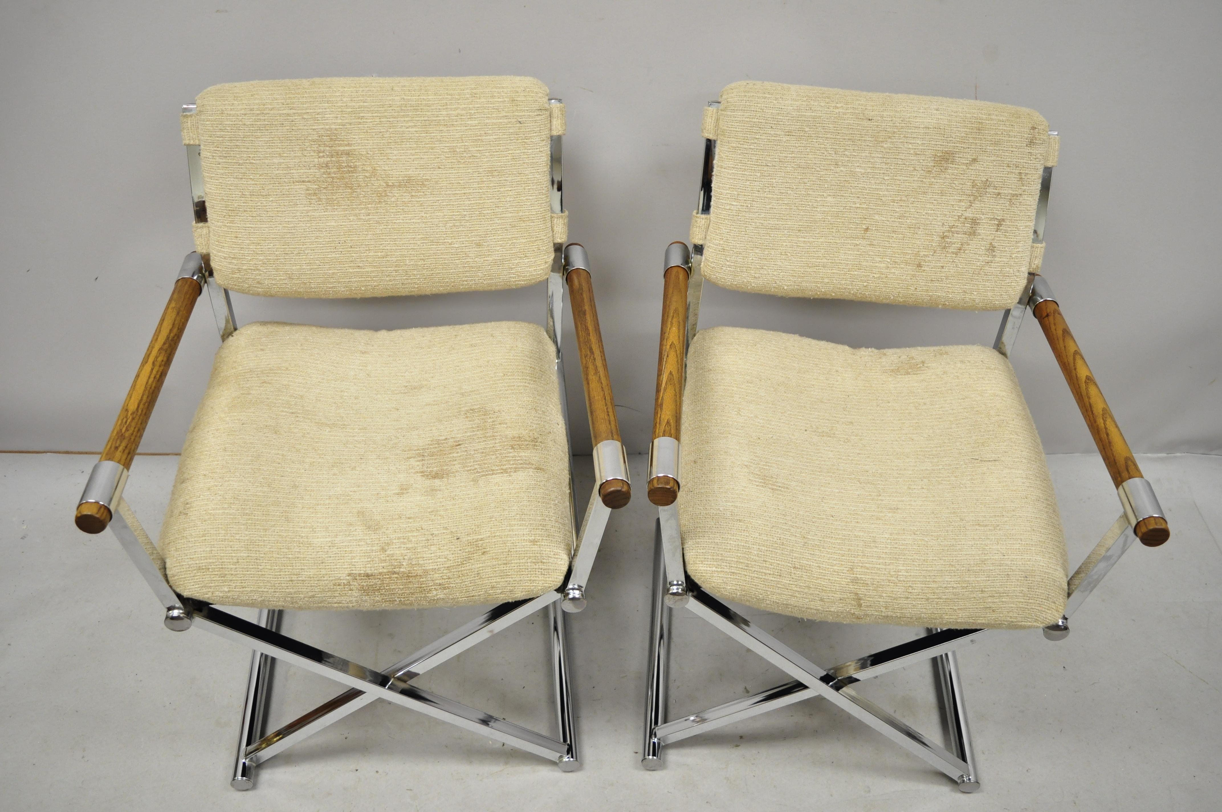 Mid-Century Modern Chrome X-Frame Directors Armchairs Cal Style Furn, 'B', Pair In Good Condition In Philadelphia, PA