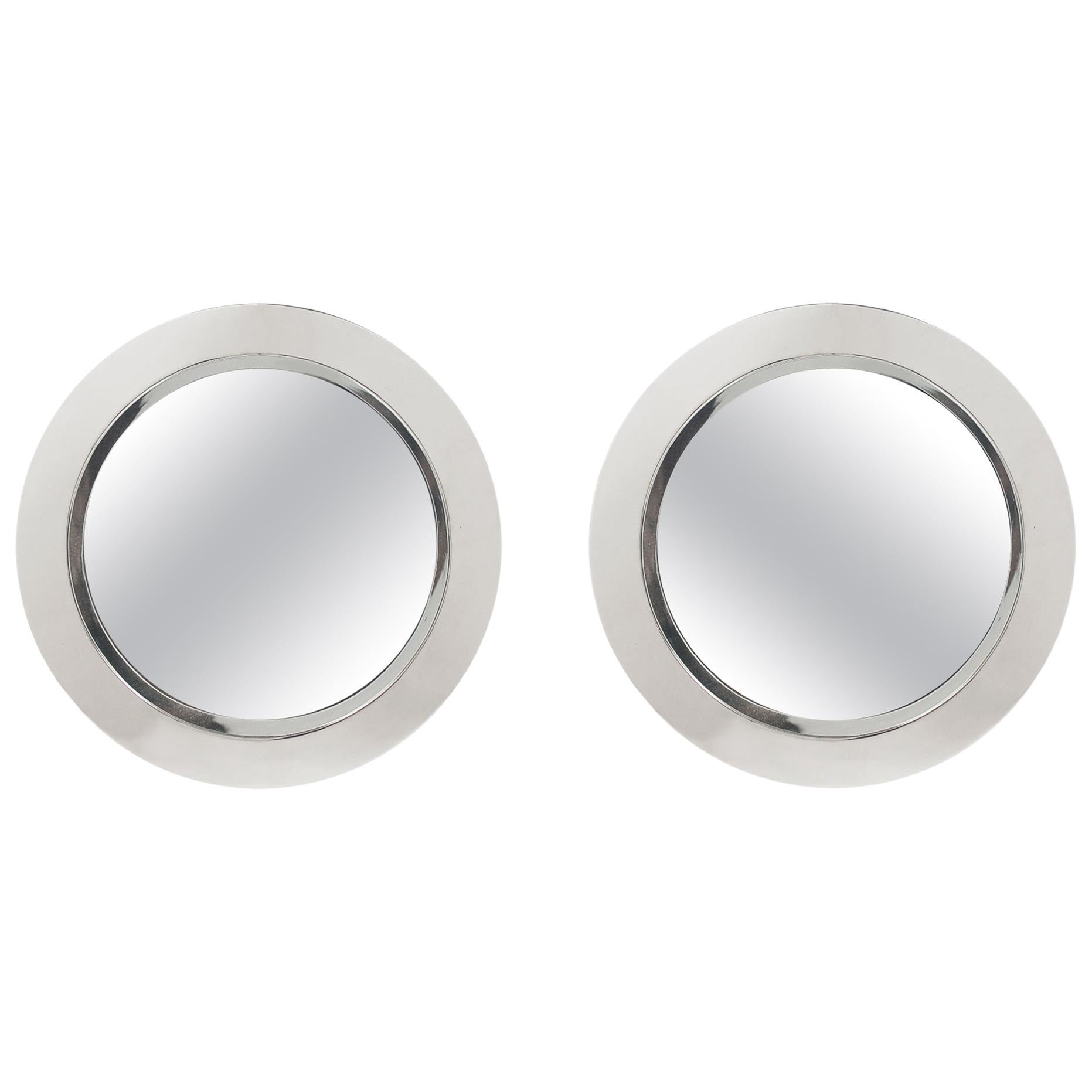 Pareja de espejos de pared de ojo de buey circulares modernos de mediados de siglo en cromo, Curtis Jere