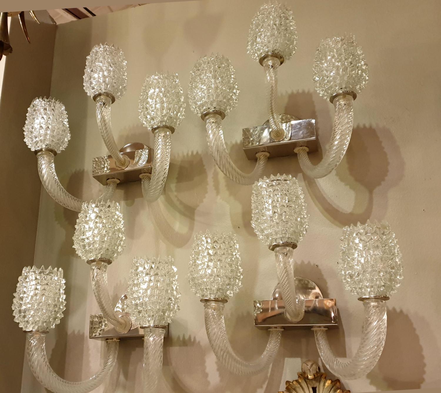 Italian Four Mid-Century Modern Clear Textured Murano Glass Sconces by Barovier, 1970