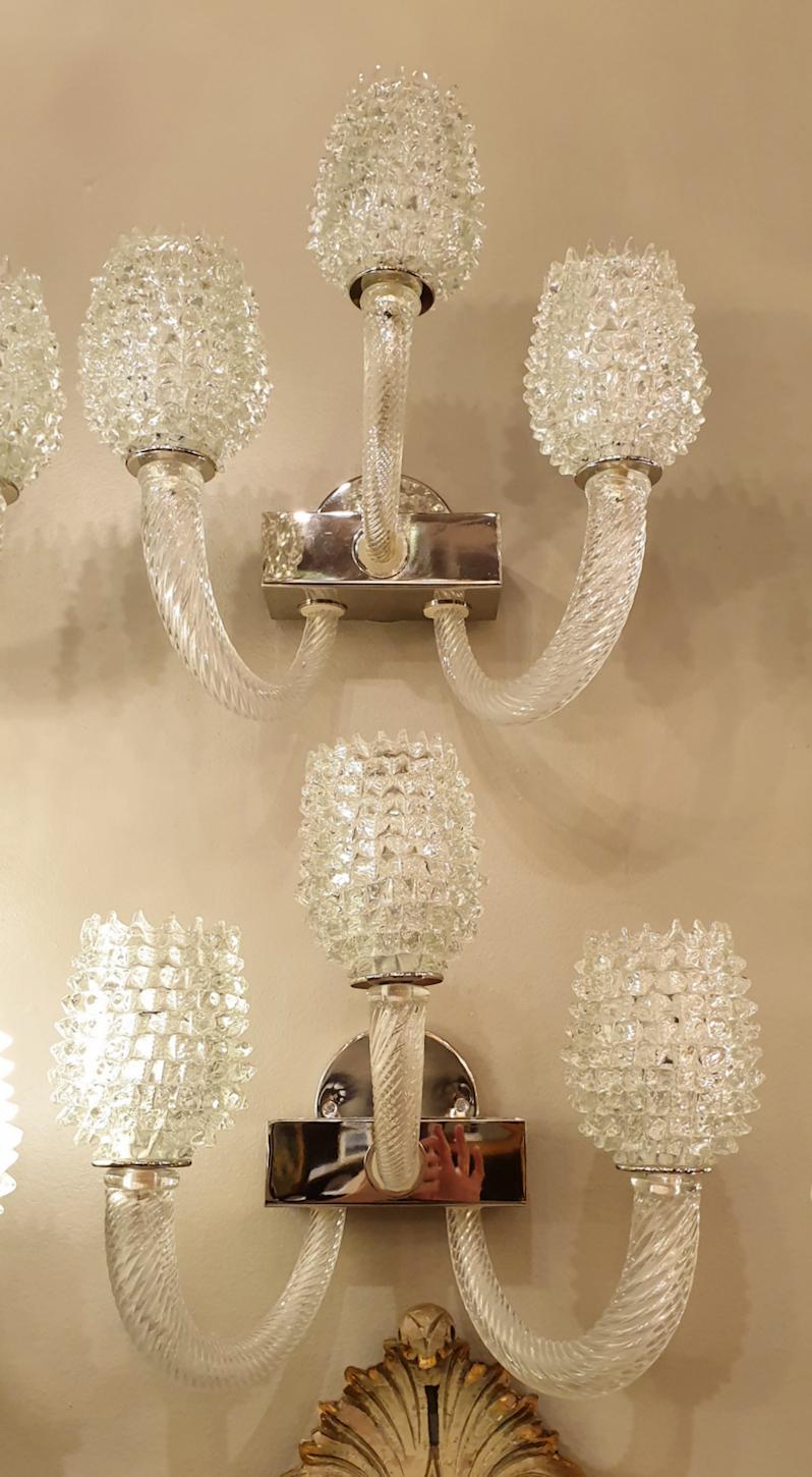 Hand-Crafted Four Mid-Century Modern Clear Textured Murano Glass Sconces by Barovier, 1970