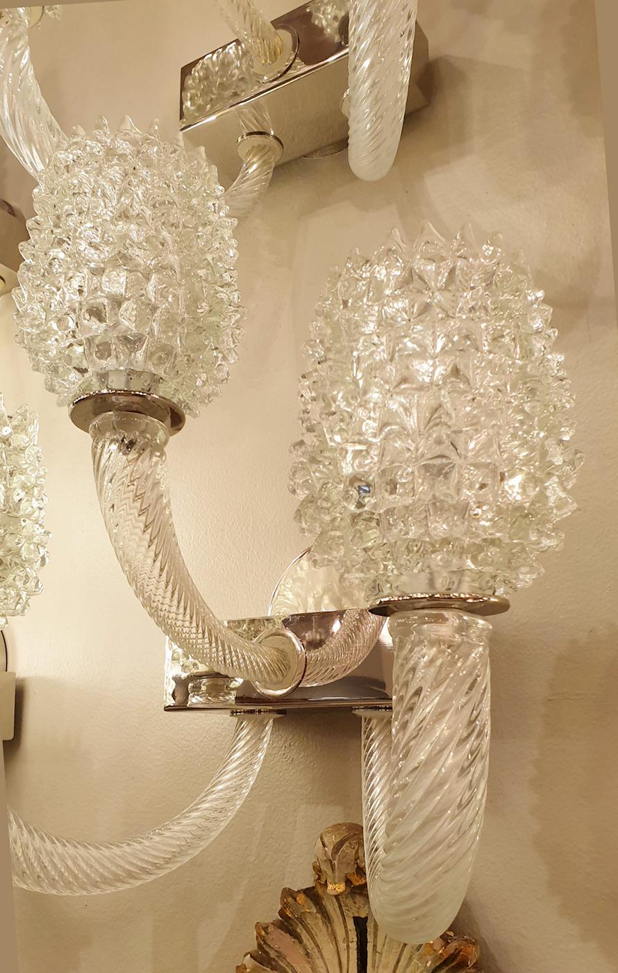 Chrome Four Mid-Century Modern Clear Textured Murano Glass Sconces by Barovier, 1970