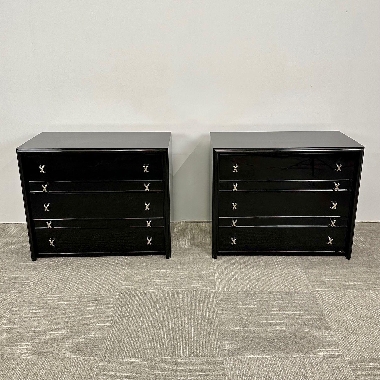 Pair Mid-Century Modern Commodes / Nightstands, Paul Frankl Style, Ebony Lacquer
 
Pair of high gloss ebonized wood finished case pieces have x-form chrome dipped drawer pulls. Each of the five drawers have two mid-century inspired drawer pulls