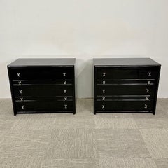 Paul Frankl Style, Mid-Century Modern, Nighstands, Black Lacquer, Chrome, 2023