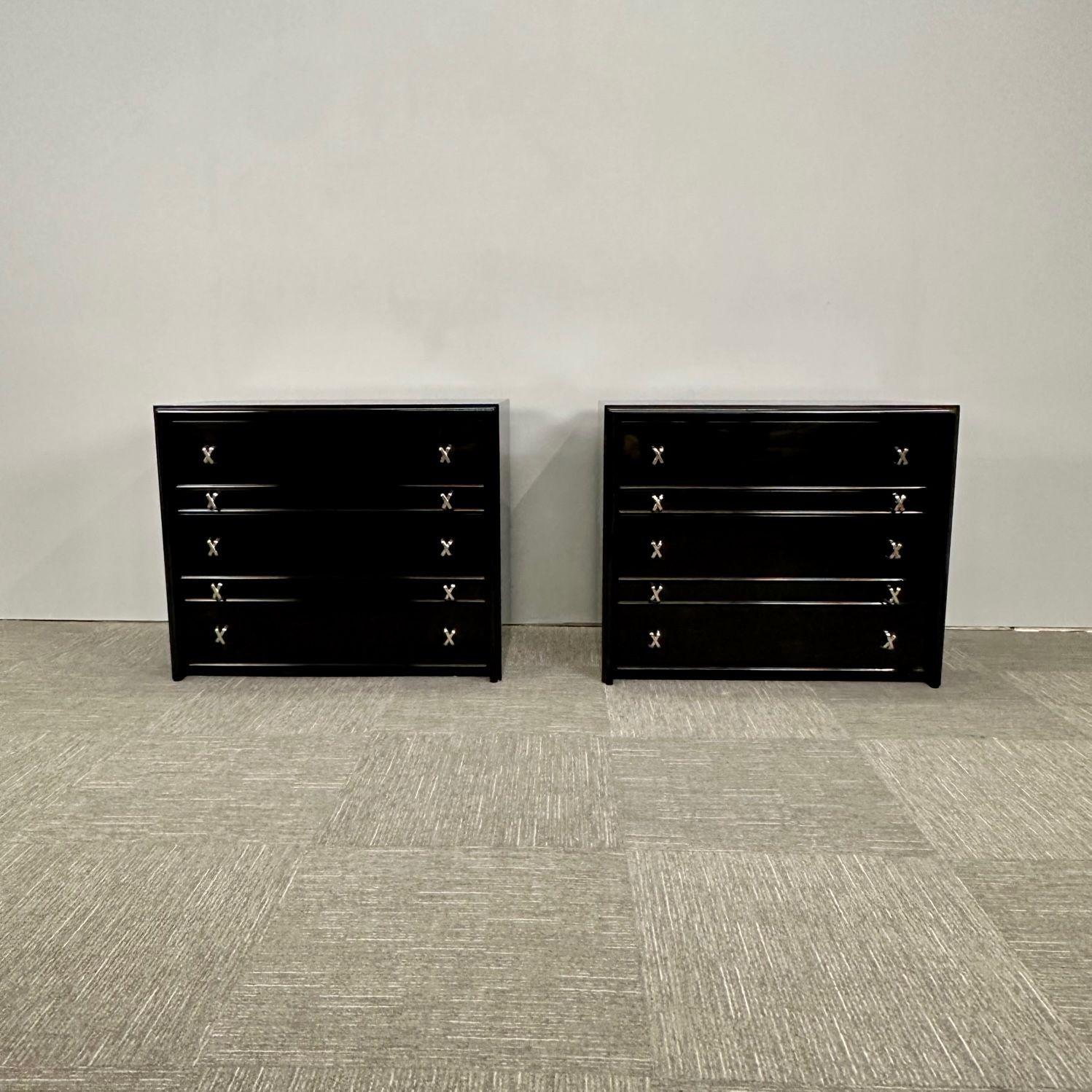 Mid-Century moderno Paul Frankl, stile Mid-Century Modern, Comodini, Lacca nera, Cromo, 2023 in vendita