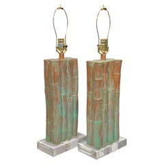 Pair Mid-Century Modern Copper and Lucite Bamboo Form Table Lamps