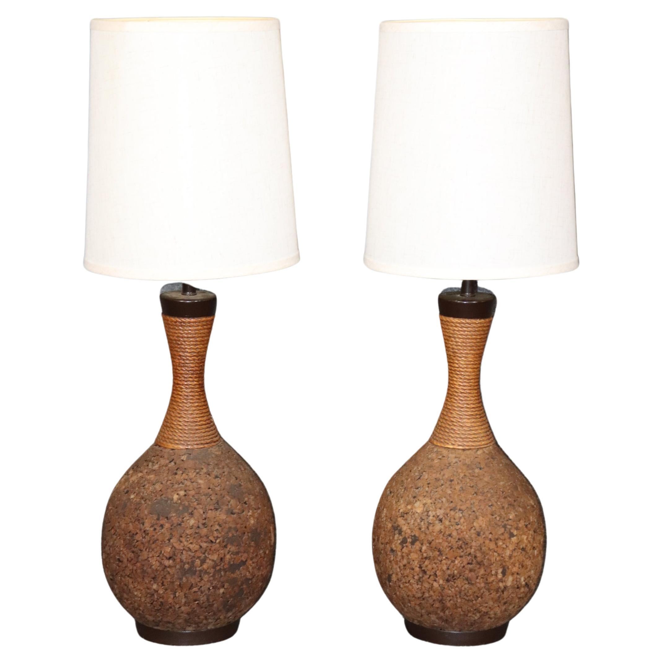 Pair Mid Century Modern Cork Sphere Table Lamps For Sale