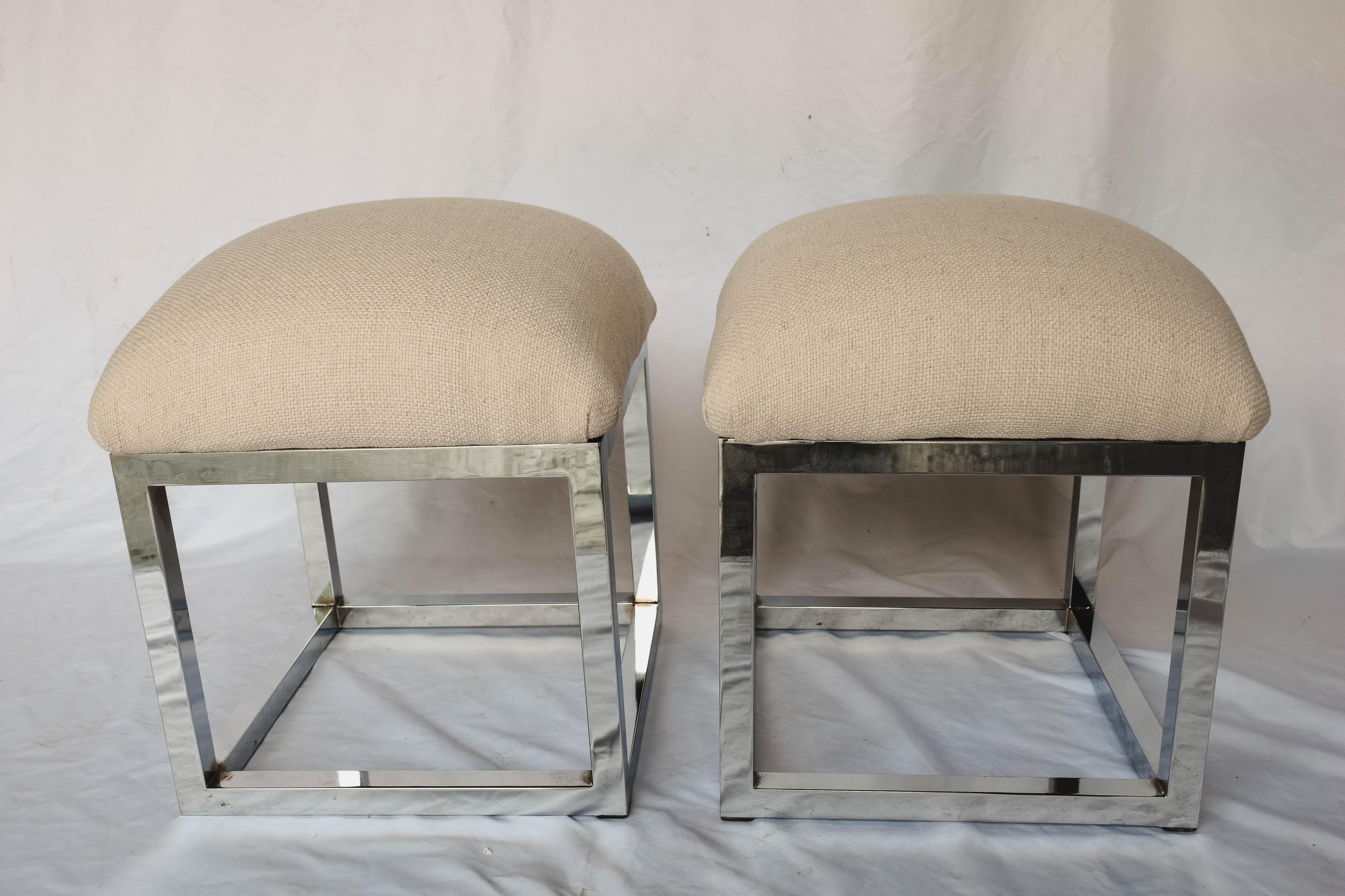 American Pair of Mid-Century Modern Cube Chrome Ottomans Attributed to Milo Baughman