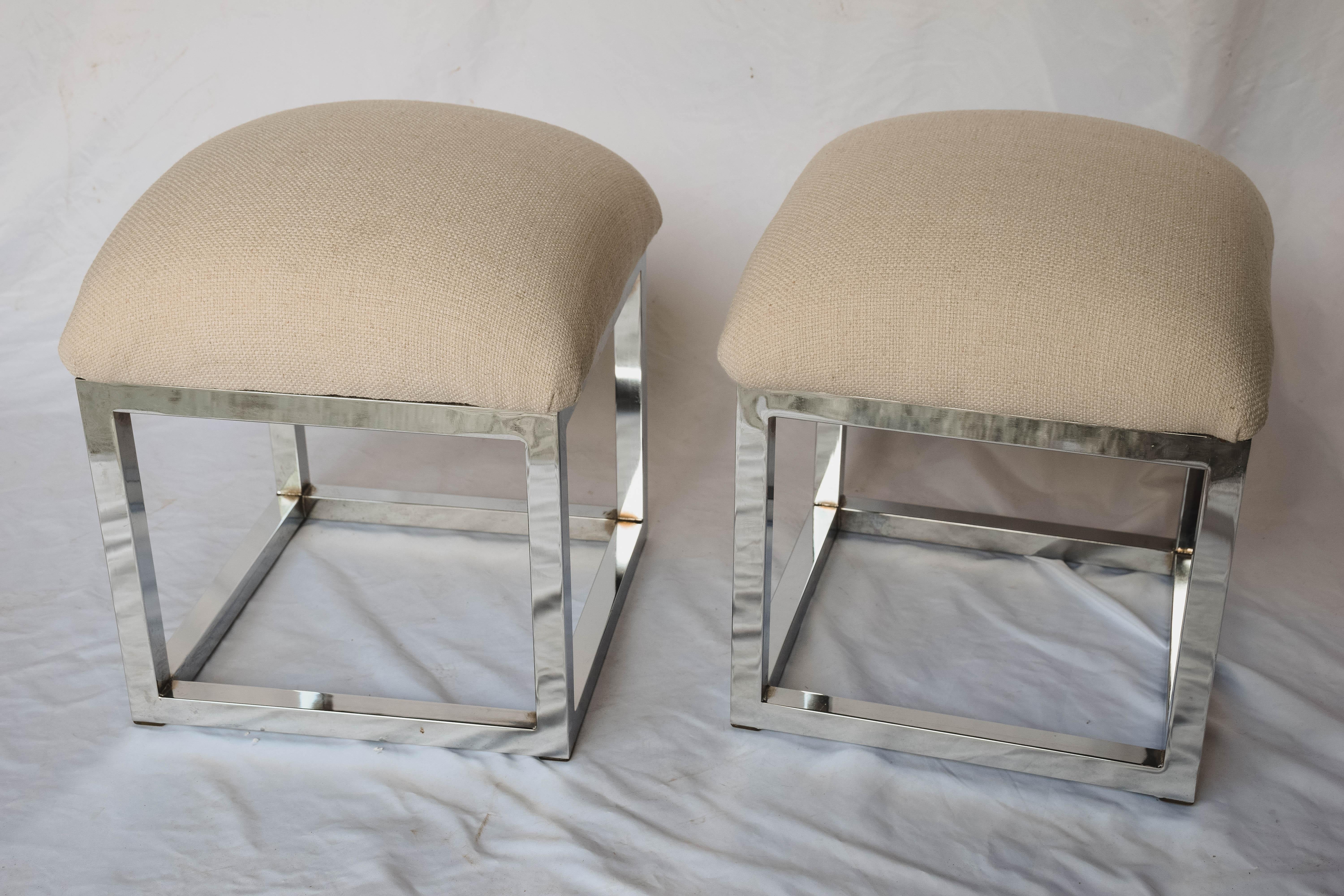 20th Century Pair of Mid-Century Modern Cube Chrome Ottomans Attributed to Milo Baughman