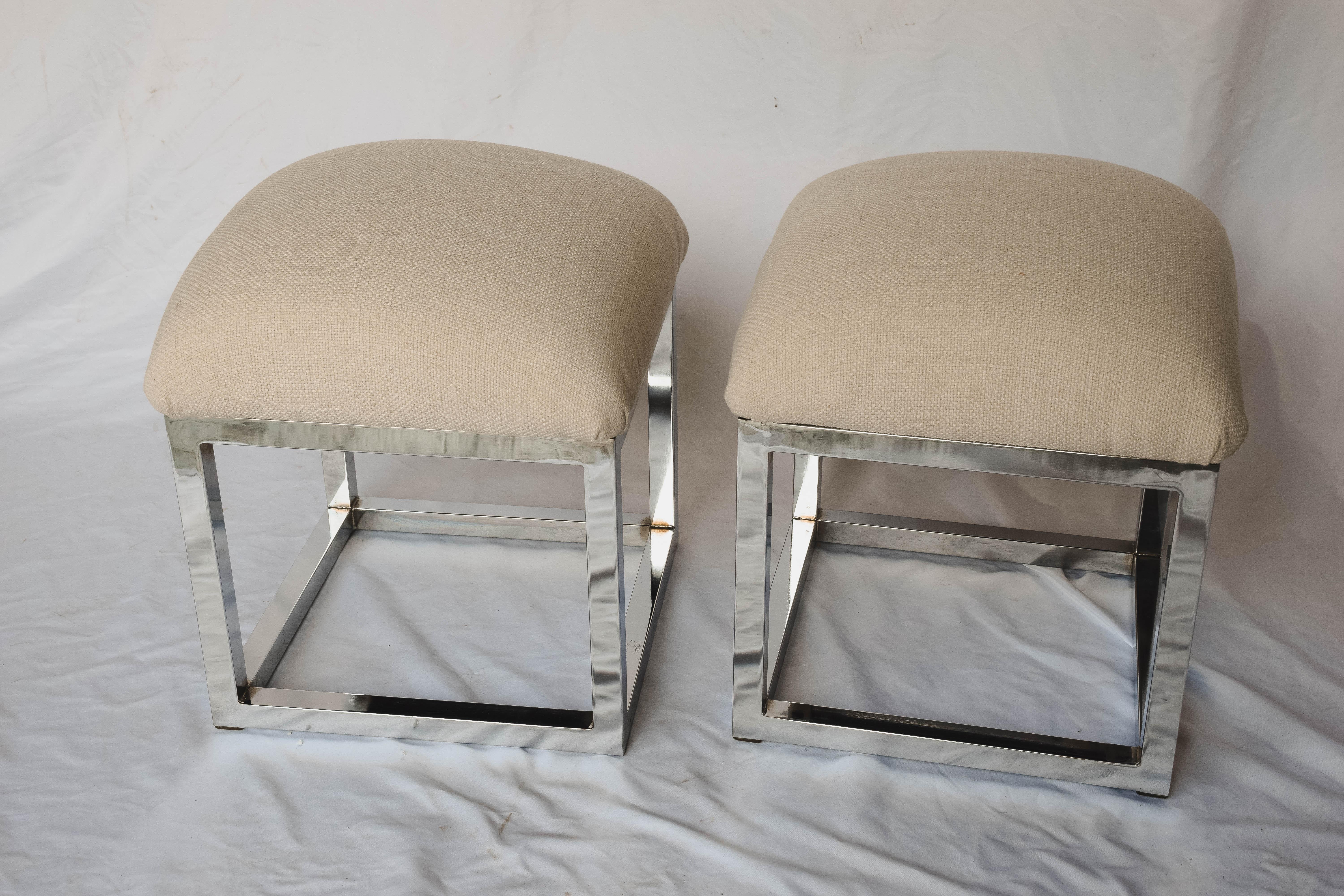 Pair of Mid-Century Modern Cube Chrome Ottomans Attributed to Milo Baughman 1