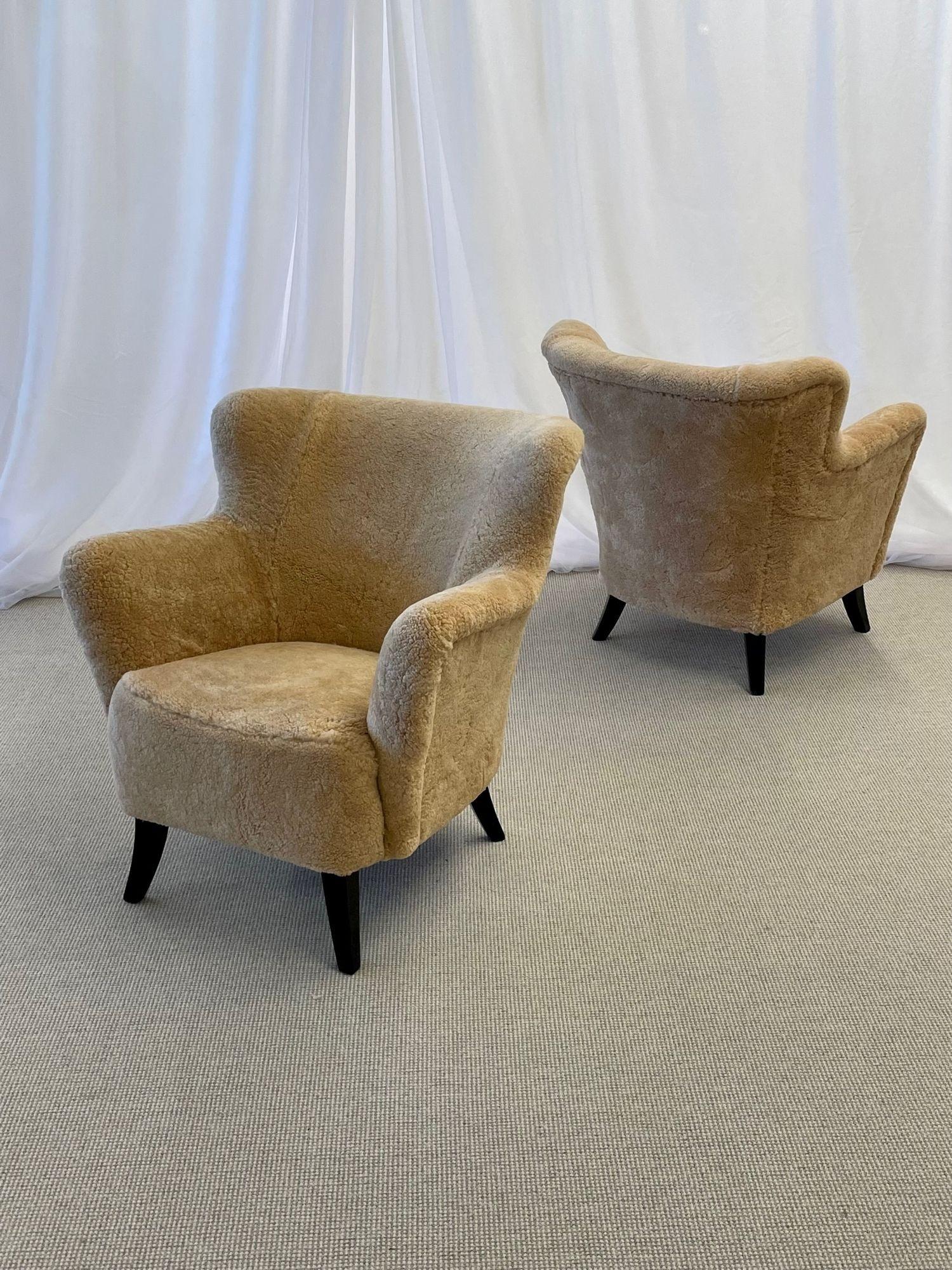Danish Mid-Century Modern, Lounge Chairs, Sheepskin, Ebonized Wood, 1950s In Good Condition For Sale In Stamford, CT