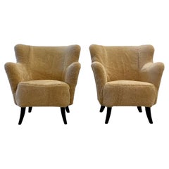 Vintage Pair Mid-Century Modern Danish Designer Organic Form Lounge Chairs, Sheepskin