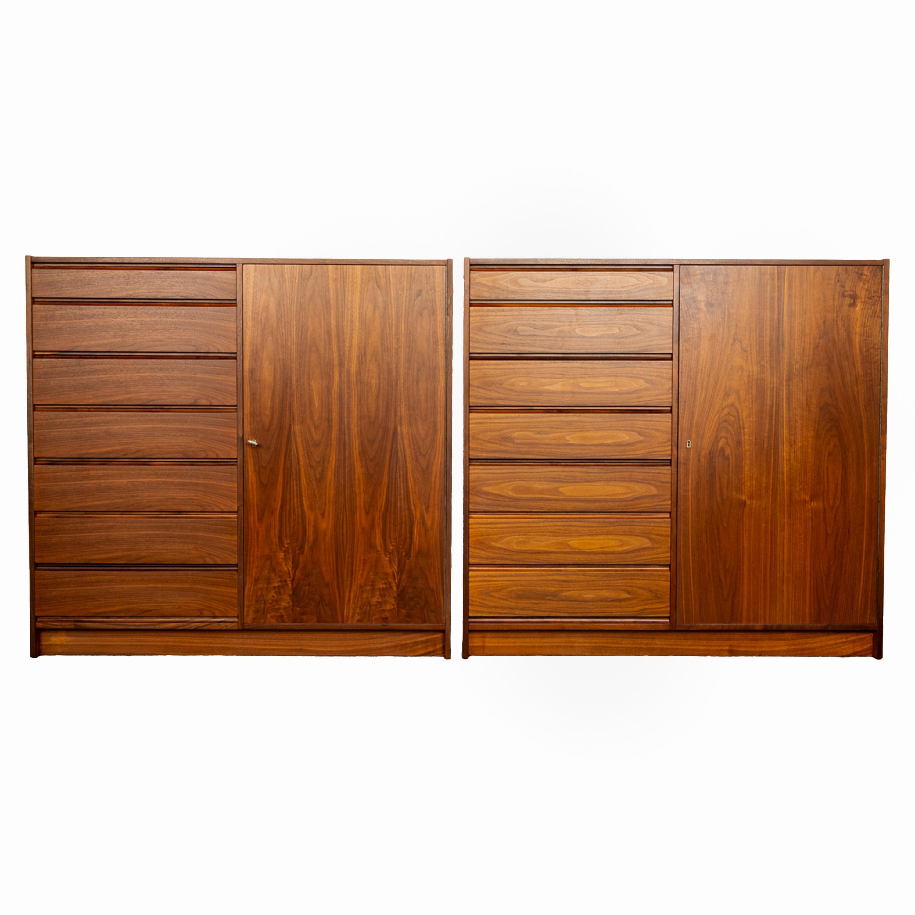 An excellent pair of Mid Century Modern teak chests, dressers, Danish, Svend Madsen for Sigurd Hansen Mobelfabrik, 1960s.
Both chests are in excellent condition and have just been professionally & sympathetically restored in Bloomsbury's workshops.