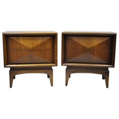 Mid-Century Modern Diamond Front Walnut Nightstands Bedside Table, United, Pair