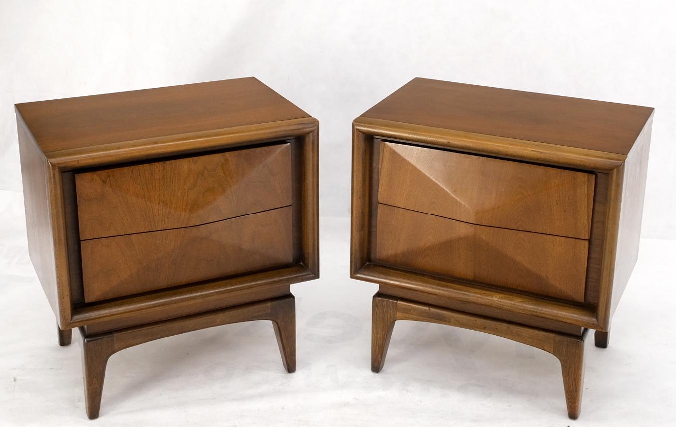 Walnut Pair Mid-Century Modern Dimond Front Drawers End Tables Nightstands Stands For Sale