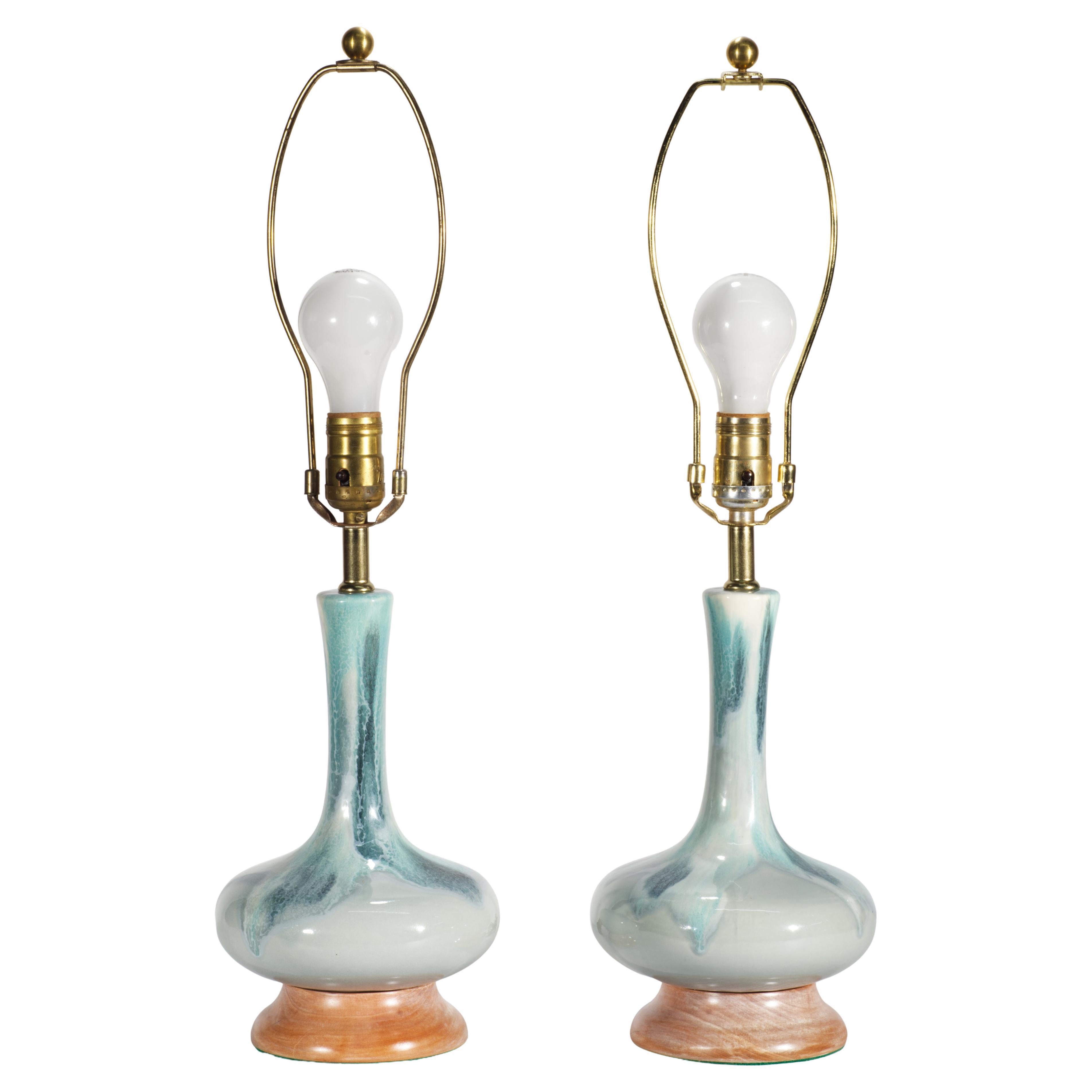 Pair Mid-Century Modern Drip Flambe Ceramic Table Lamps Haeger 1950s